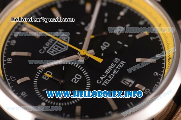 Tag Heuer Carrera Calibre 18 Miyota Quartz Steel Case with Black Dial Stick Markers and Yellow/Black Nylon Strap - Yellow Inner Bezel - Click Image to Close